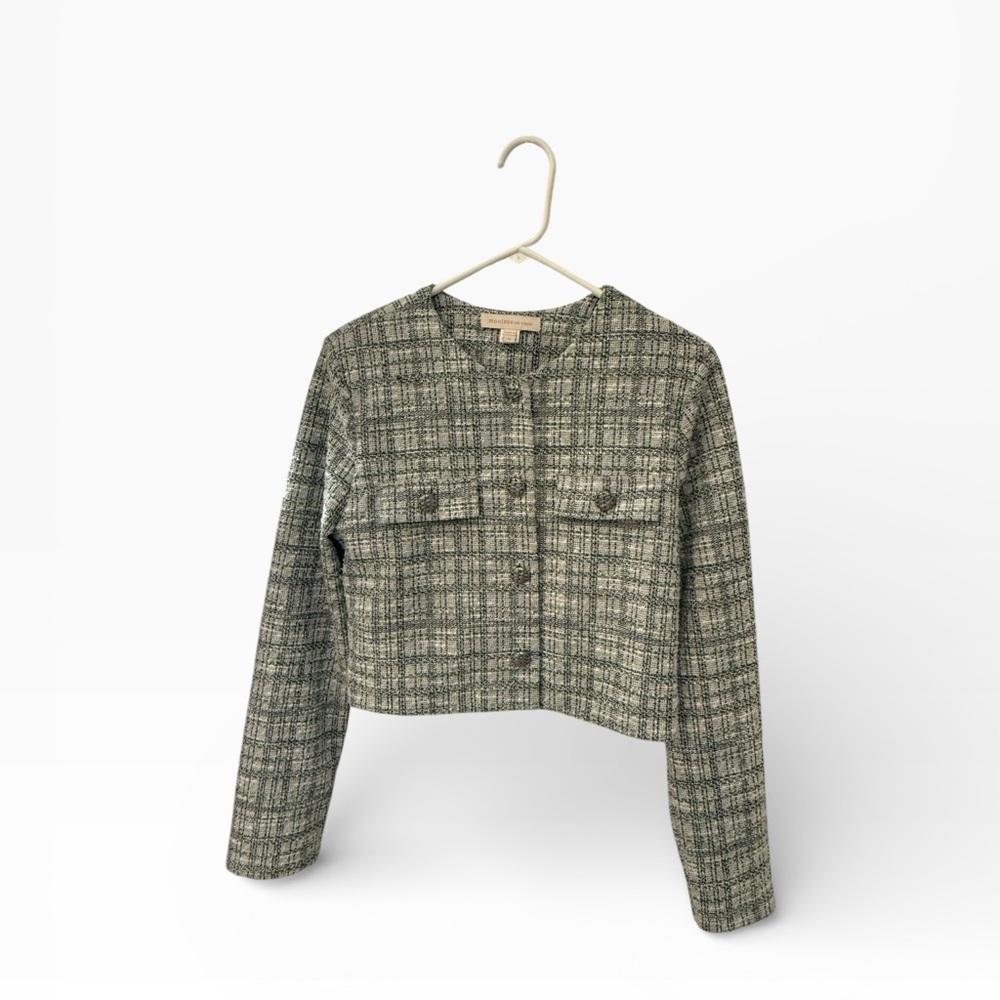 Monteau Tweed Cropped Jacket M Plaid Chanel Style